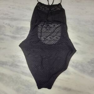 Woman Swim Medium High Neck Cutout One Piece Black Lace Swuimsuit